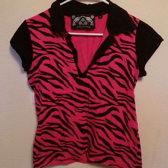 Guilty Clothing Tops - Hot pink zebra rockabilly collared bowler top XL